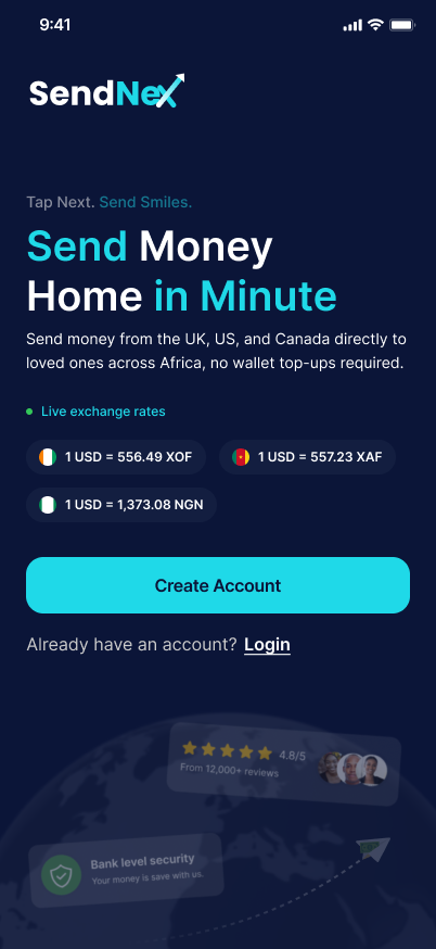 SendNex account registration screen